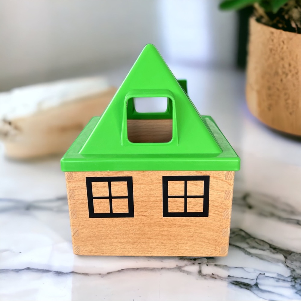 IKEA Shape Sorter Wooden House with Removable Roof and Multi Shapes Montessori - Picture 1 of 7